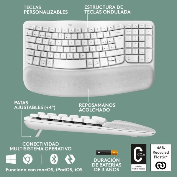 teclado ergonómico logitech wave keys inalámbrico white